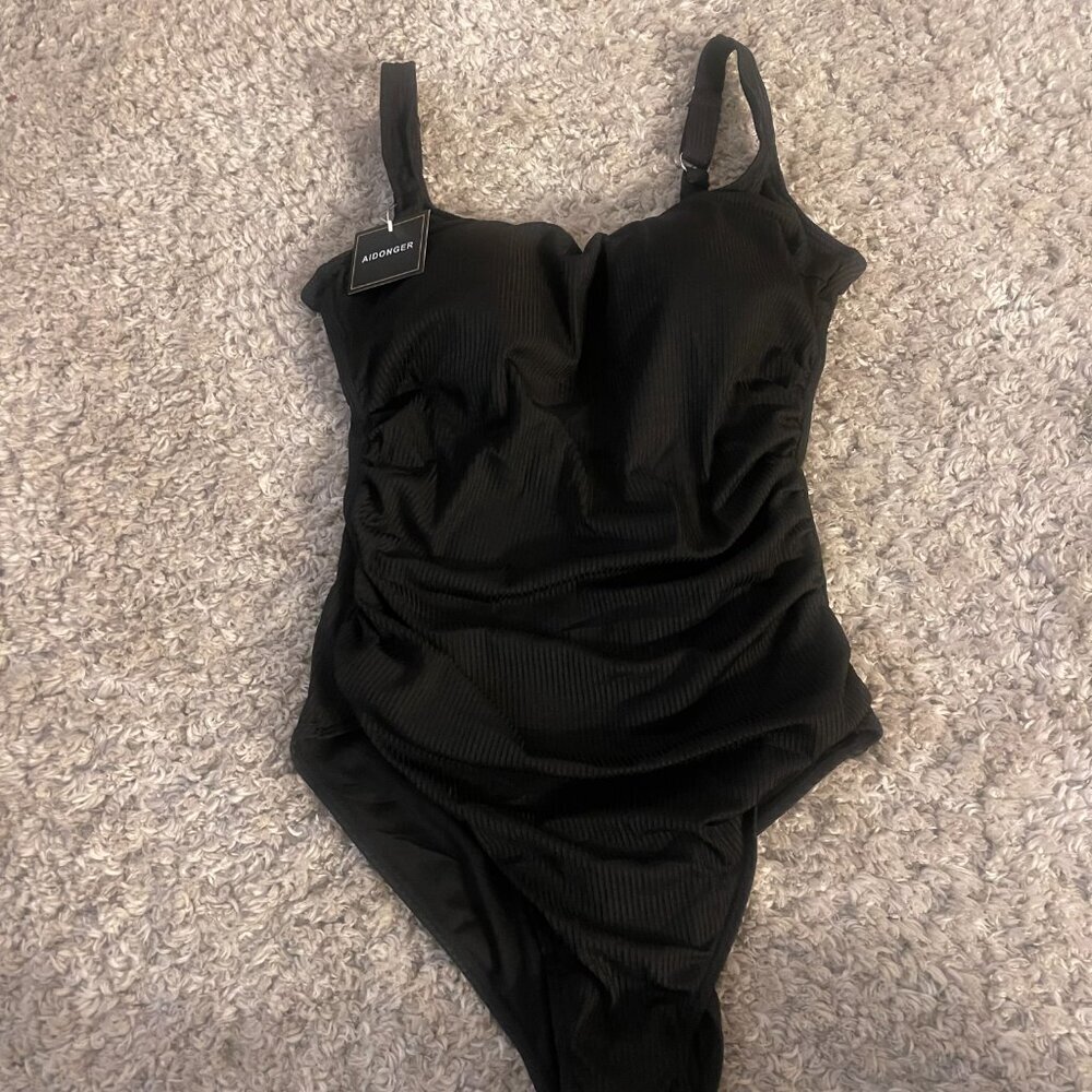 AIDONGER Black Ribbed Ruched One Piece Swimsuit NWT L - Picture 4 of 10